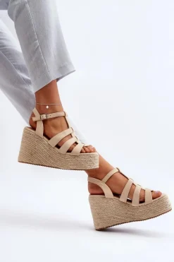 Boto Sandały Na Koturnie*Sandały Na Koturnie Z Plecionką Beżowe Gnosis