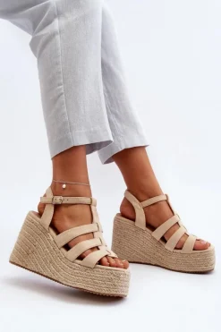 Boto Sandały Na Koturnie*Sandały Na Koturnie Z Plecionką Beżowe Gnosis