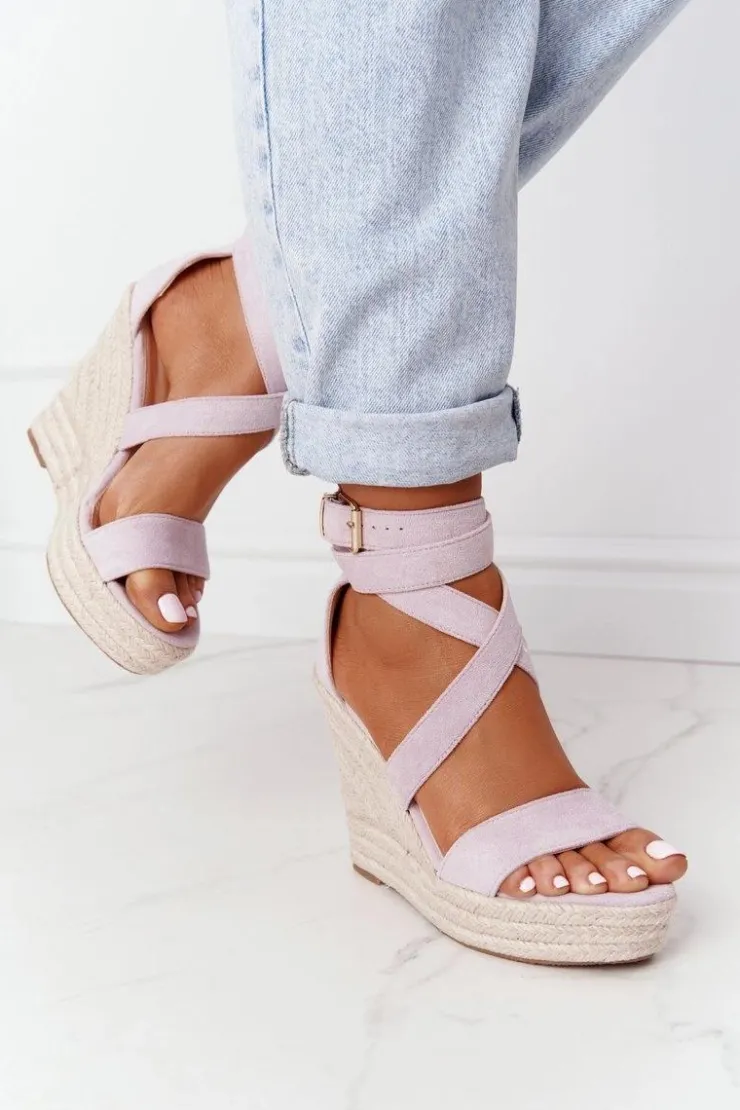 Boto Sandały Na Koturnie*Sandały Na Koturnie Z Plecionką Fioletowe Lanzarote