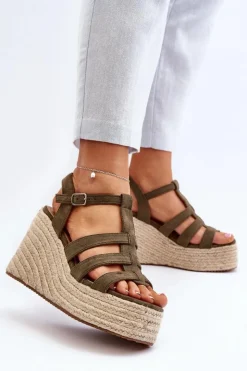 Best Boto Sandały Na Koturnie Z Plecionką Zielone Gnosis