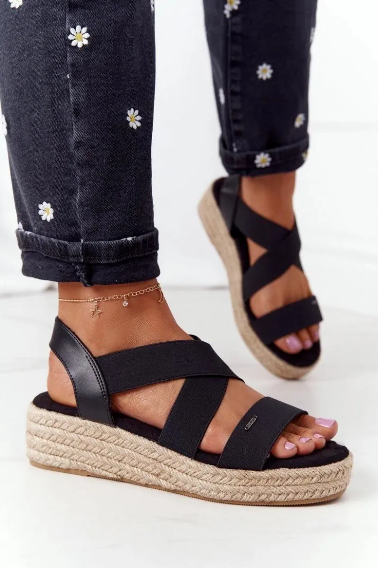 Big Star Shoes Sandały Big Star|Sandały Na Koturnie*Sandały Na Koturnie Ze Ściągaczem Big Star HH274411 Czarne