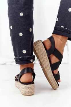 Big Star Shoes Sandały Big Star|Sandały Na Koturnie*Sandały Na Koturnie Ze Ściągaczem Big Star HH274411 Czarne