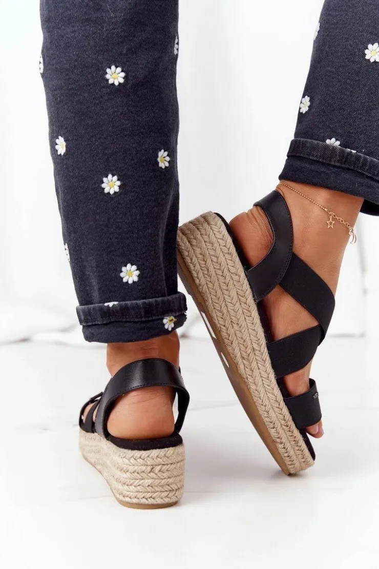 Big Star Shoes Sandały Big Star|Sandały Na Koturnie*Sandały Na Koturnie Ze Ściągaczem Big Star HH274411 Czarne