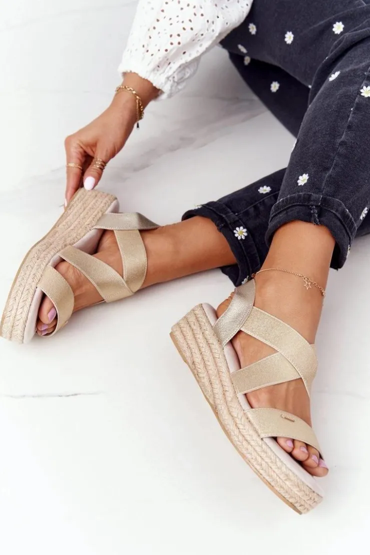 Hot Big Star Shoes Sandały Na Koturnie Ze Ściągaczem Big Star HH274414 Złote