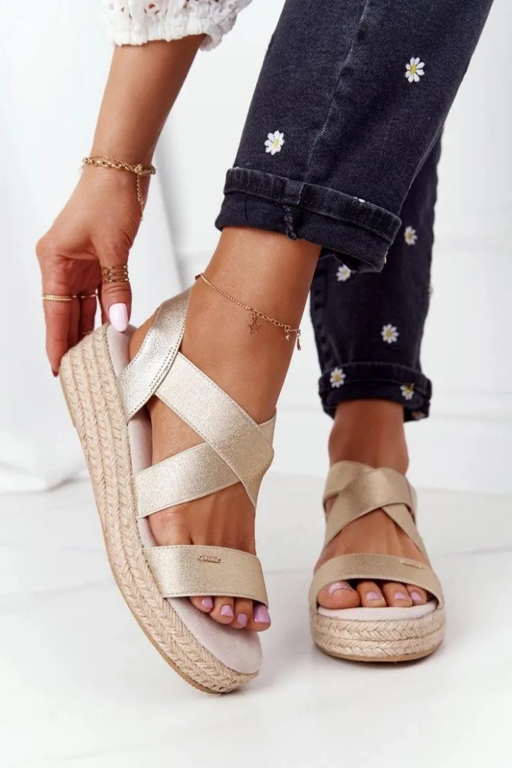 Hot Big Star Shoes Sandały Na Koturnie Ze Ściągaczem Big Star HH274414 Złote