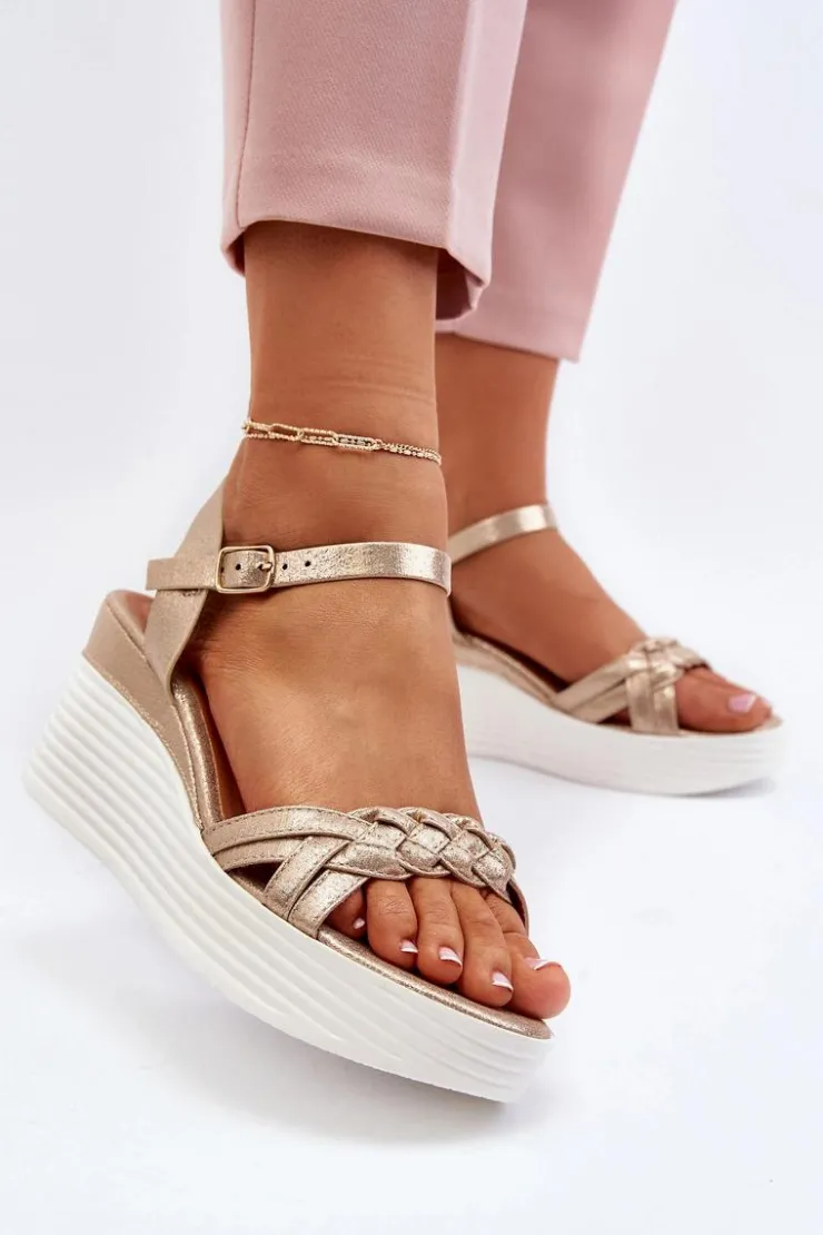 Sale Boto Sandały Na Koturnie Złote Esinna