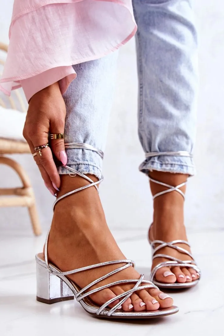 Damskie Boto Sandały Na Obcasie Wiązane Srebrne Meghan