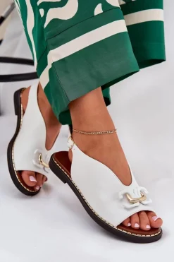 Damskie Boto Sandały Na Płaskim Obcasie Z Ozdobą Eko Skóra Białe Tillireta