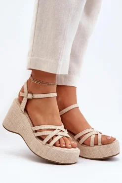 Damskie Boto Sandały Na Platformie I Koturnie Jasnobeżowe Oporia