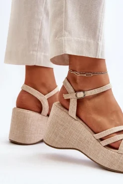 Damskie Boto Sandały Na Platformie I Koturnie Jasnobeżowe Oporia