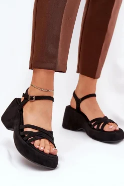 Hot Boto Sandały Na Platformie I Koturnie Z Eko Zamszu Czarne Nendal Czarny