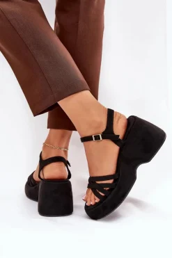 Hot Boto Sandały Na Platformie I Koturnie Z Eko Zamszu Czarne Nendal Czarny