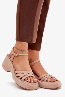 Boto Sandały Na Koturnie*Sandały Na Platformie I Koturnie Z Eko Zamszu Beżowe Nendal Beżowy