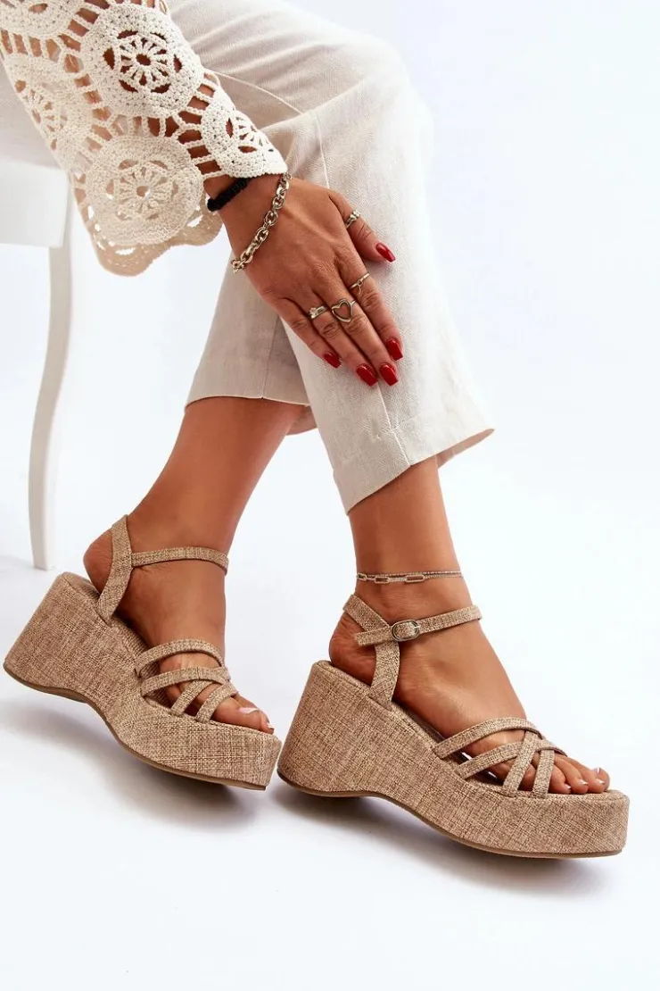 Clearance Boto Sandały Na Platformie I Koturnie Beżowe Oporia