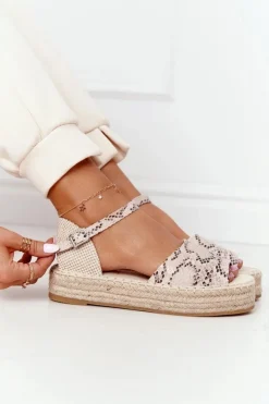 Boto Sandały Płaskie*Sandały Na Platformie Z Plecionką Beżowe Wężowy Wzór Megara