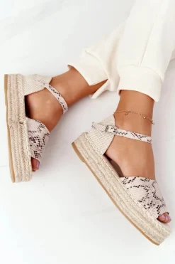 Boto Sandały Płaskie*Sandały Na Platformie Z Plecionką Beżowe Wężowy Wzór Megara