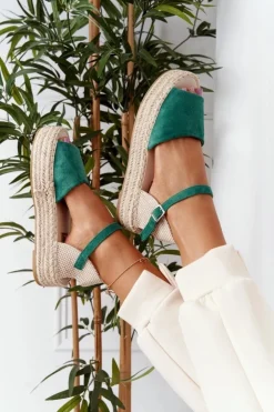 Damskie Boto Sandały Na Platformie Z Plecionką Zielone Megara