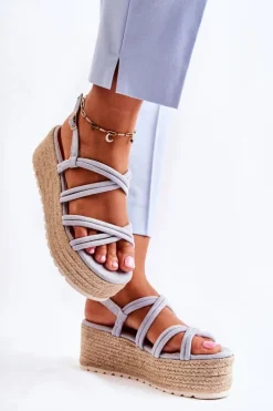 Boto Sandały Na Koturnie|Sandały Płaskie*Sandały Na Platformie Z Plecionką Niebieskie Crazy In Love