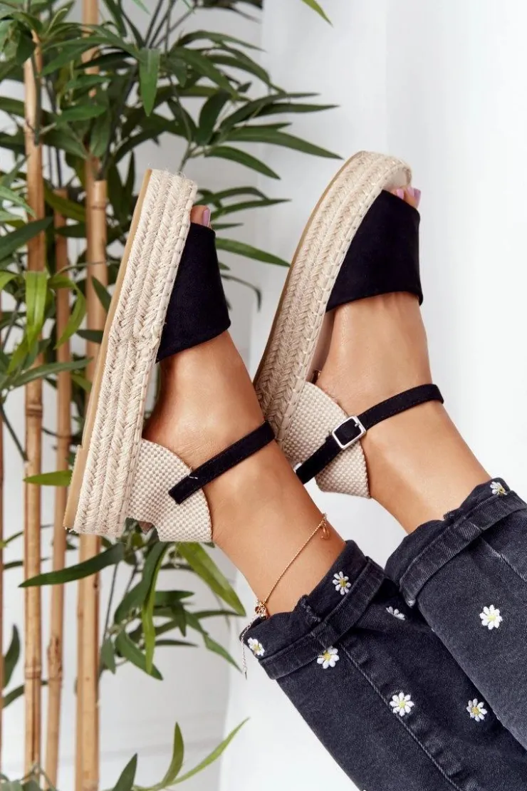 Boto Sandały Na Platformie Z Plecionką Czarne Megara