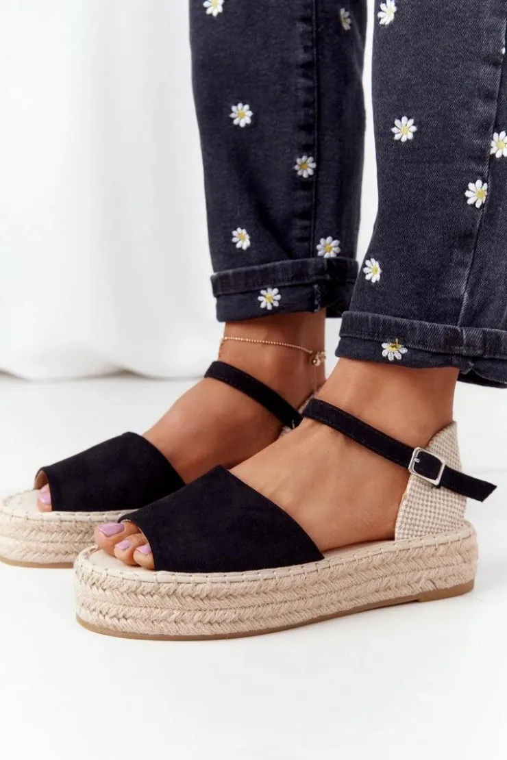 Boto Sandały Na Platformie Z Plecionką Czarne Megara