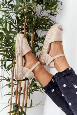 Boto Sandały Płaskie*Sandały Na Platformie Z Plecionką Beżowe Megara
