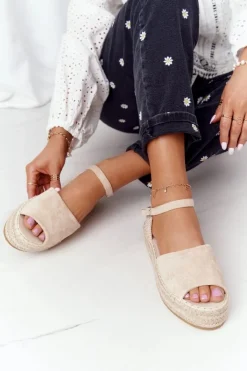 Boto Sandały Płaskie*Sandały Na Platformie Z Plecionką Beżowe Megara