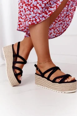 Damskie Boto Sandały Na Platformie Z Plecionką Czarne Crazy In Love