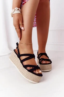Damskie Boto Sandały Na Platformie Z Plecionką Czarne Crazy In Love