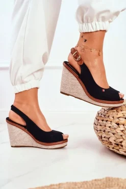 Discount Boto Sandały Na Plecionej Koturnie Czarne Tommy