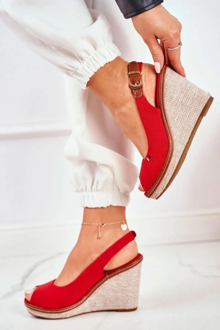 Boto Sandały Na Koturnie*Sandały Na Plecionej Koturnie Czerwone Tommy