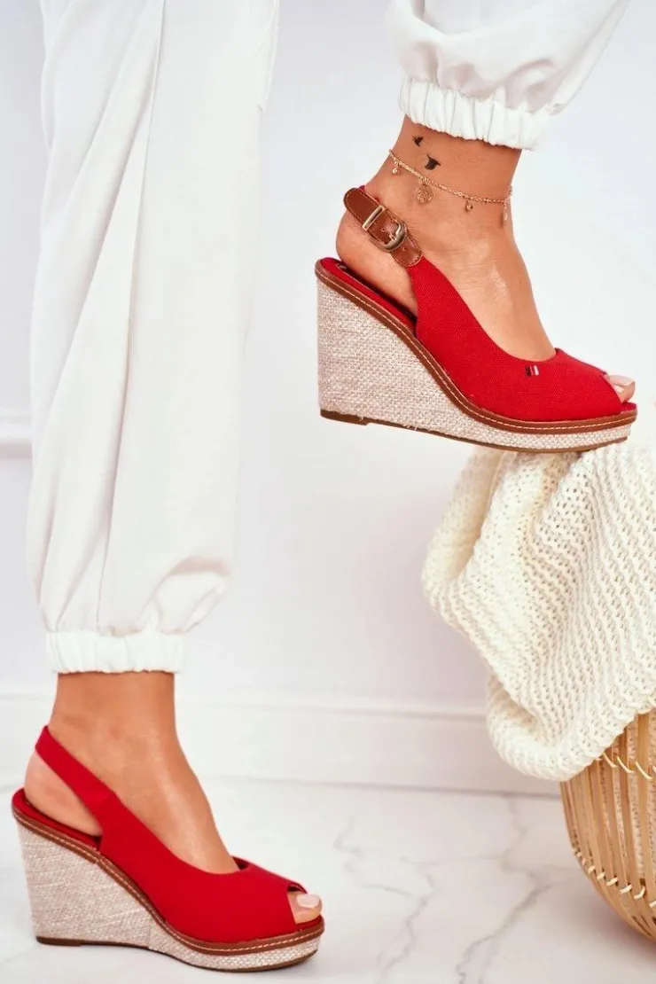 Boto Sandały Na Koturnie*Sandały Na Plecionej Koturnie Czerwone Tommy