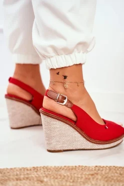 Boto Sandały Na Koturnie*Sandały Na Plecionej Koturnie Czerwone Tommy