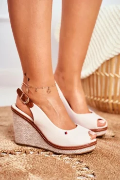 Damskie Boto Sandały Na Plecionej Koturnie Beżowe Tommy