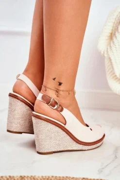 Damskie Boto Sandały Na Plecionej Koturnie Beżowe Tommy