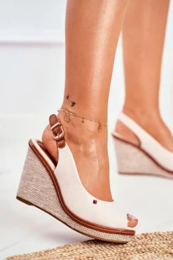 Damskie Boto Sandały Na Plecionej Koturnie Beżowe Tommy