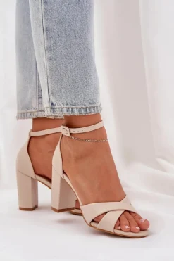 Damskie Boto Sandały Na Słupkowym Obcasie Z Eko Skóry Beżowe Lanaria