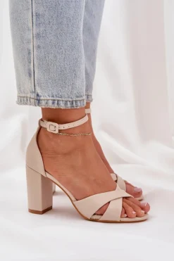 Damskie Boto Sandały Na Słupkowym Obcasie Z Eko Skóry Beżowe Lanaria