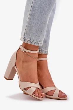 Damskie Boto Sandały Na Słupkowym Obcasie Z Eko Skóry Beżowe Lanaria