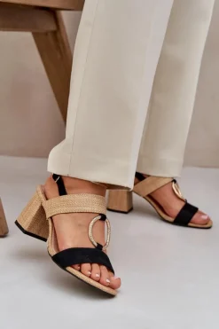 Boto Sandały Na Słupku|Sandały Na Obcasie*Sandały Na Słupkowym Obcasie Czarno-Beżowe Afleeria Czarny