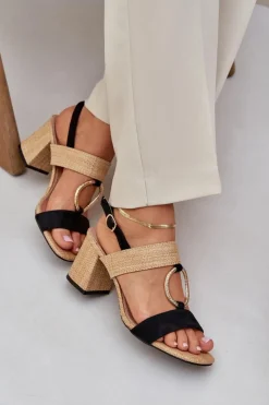 Boto Sandały Na Słupku|Sandały Na Obcasie*Sandały Na Słupkowym Obcasie Czarno-Beżowe Afleeria Czarny