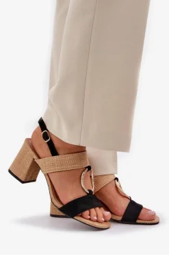 Boto Sandały Na Słupku|Sandały Na Obcasie*Sandały Na Słupkowym Obcasie Czarno-Beżowe Afleeria Czarny