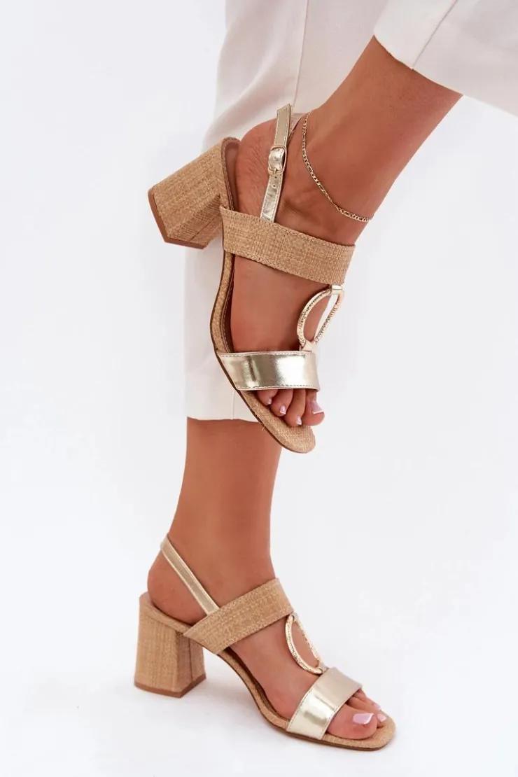 Damskie Boto Sandały Na Słupkowym Obcasie Złote Afleeria