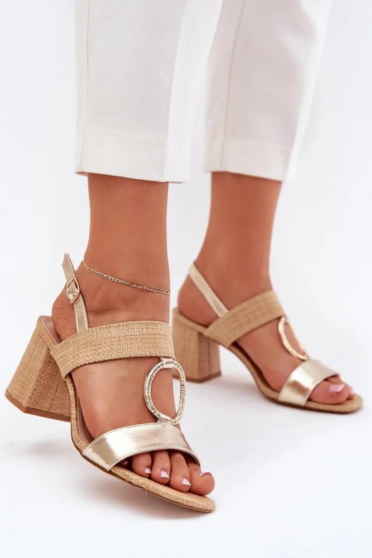 Damskie Boto Sandały Na Słupkowym Obcasie Złote Afleeria