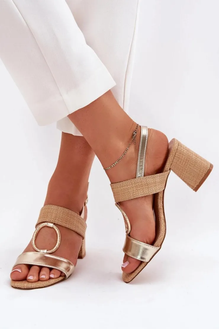 Damskie Boto Sandały Na Słupkowym Obcasie Złote Afleeria