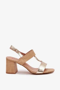 Damskie Boto Sandały Na Słupkowym Obcasie Złote Afleeria