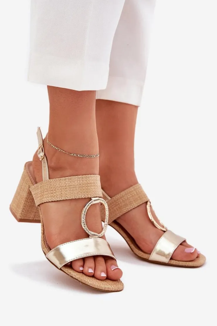 Damskie Boto Sandały Na Słupkowym Obcasie Złote Afleeria