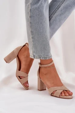 Damskie Boto Sandały Na Słupkowym Obcasie Z Eko Zamszu Beżowe Saniffia