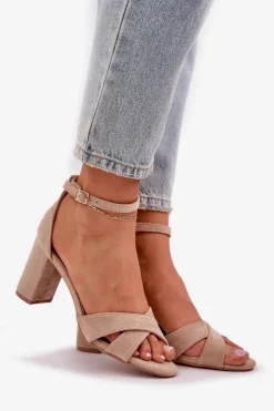 Damskie Boto Sandały Na Słupkowym Obcasie Z Eko Zamszu Beżowe Saniffia