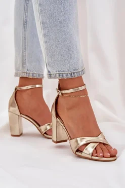 Damskie Boto Sandały Na Słupkowym Obcasie Z Eko Skóry Złote Lanaria