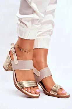 Evento Sandały Na Obcasie*Sandały Na Słupku Beżowo-Złote Emmy